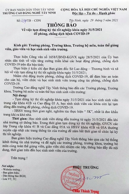 Thông báo Về việc tạm dừng kỳ thi tốt nghiệp khóa ngày 31/5/2021 để phòng, chống dịch bệnh COVID-19